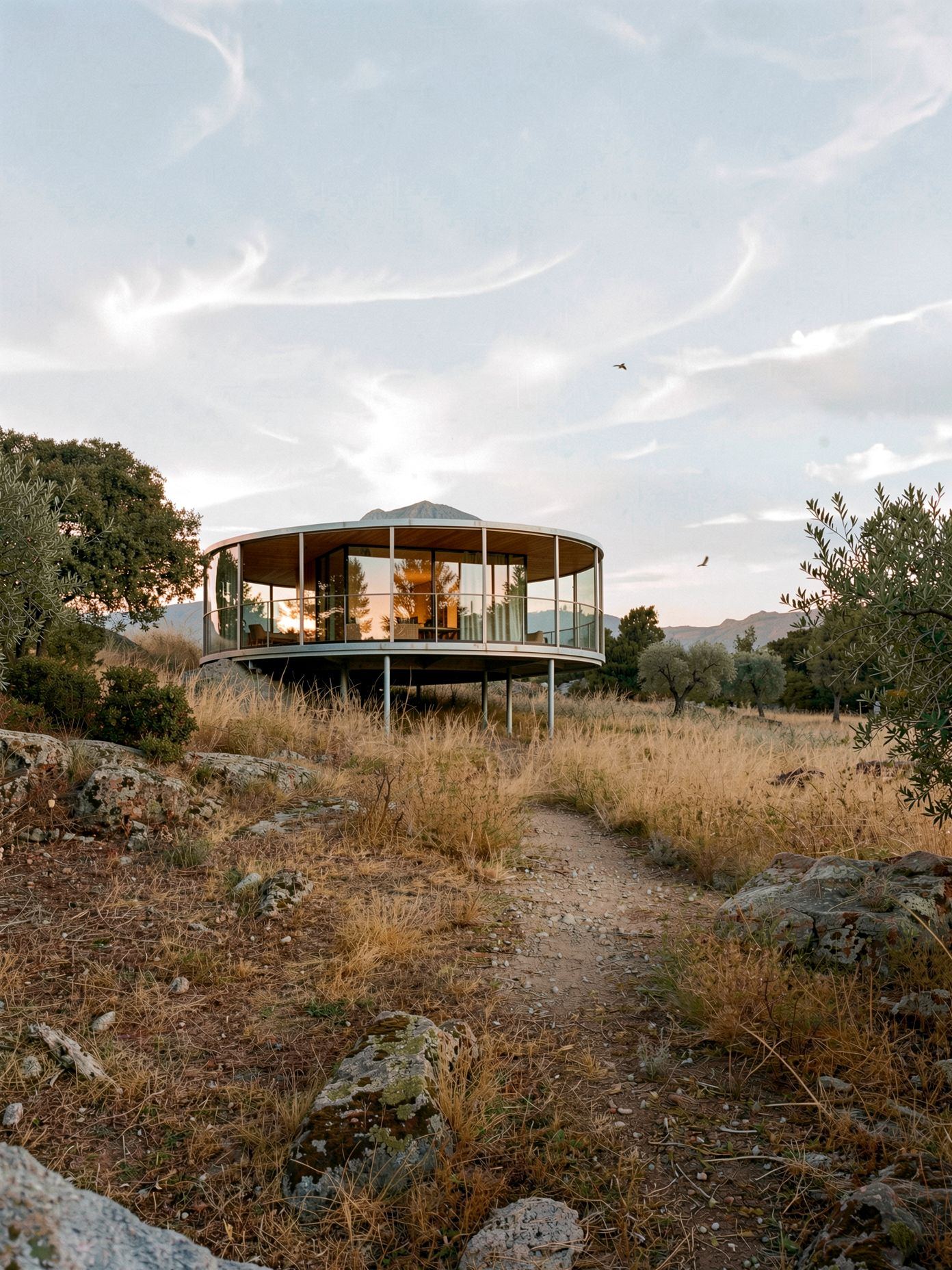 ECHO circular glass pavilion on stilts in an olive grove at dusk