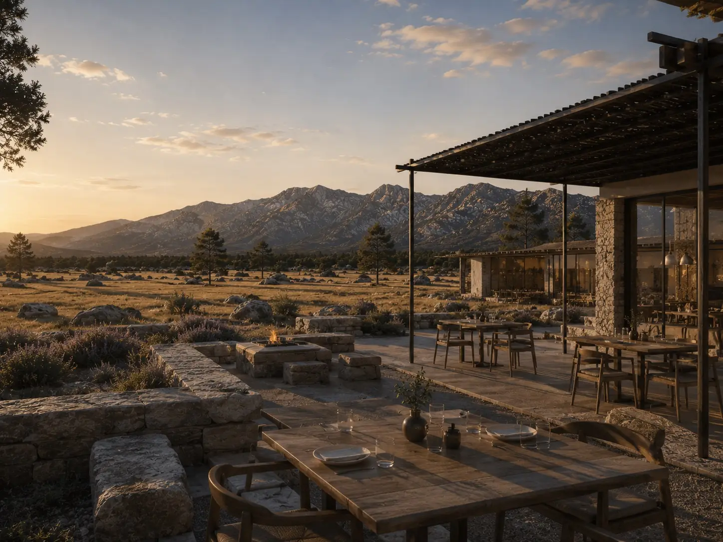 The restaurant terrace at sunset: pergola, stone seating, fire pit and the sierra across the meadow