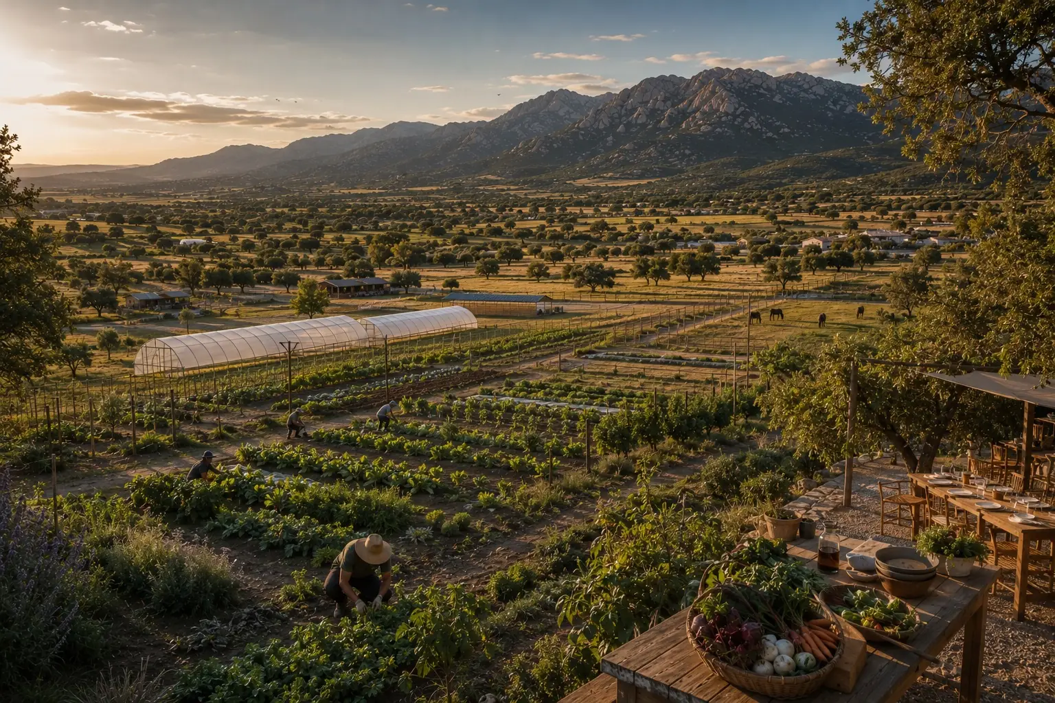The working farm at golden hour: greenhouses, market rows and grazing horses below the sierra, the harvest laid on the table
