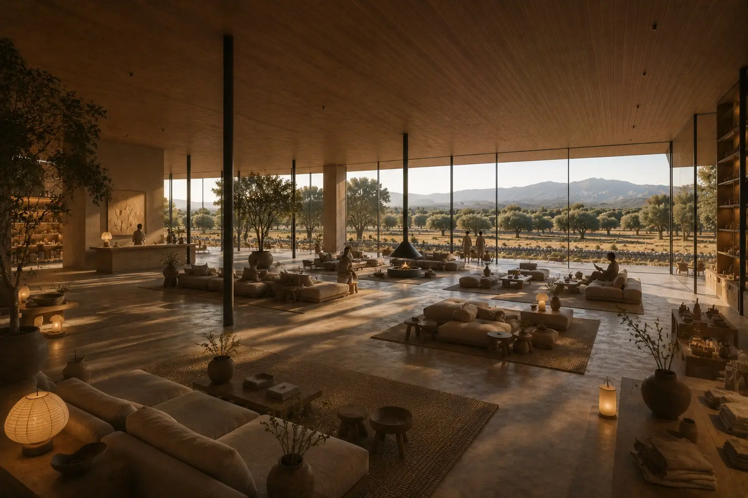 The great hall of the hotel: layered lounges around an open fire, the olive grove and mountains beyond the glass