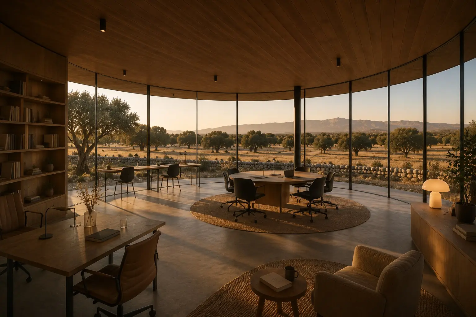 The estate workspace: a curved glass library and study looking over the dehesa