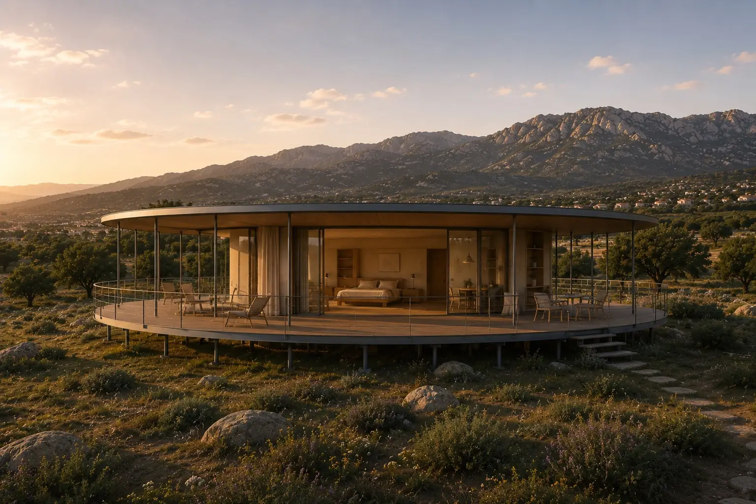 A standalone hotel room at sunset: a circular glass pavilion on a raised timber deck, bedroom open to the sierra