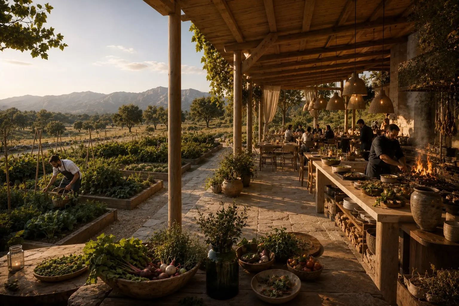 The kitchen garden: raised beds and an open fire kitchen under the pergola, harvest on the table