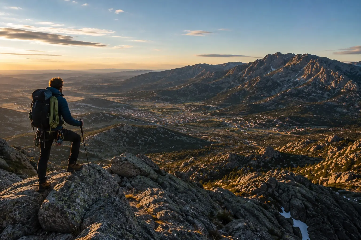 A climber above the valley at dawn, rope on the pack, La Pedriza and the village below