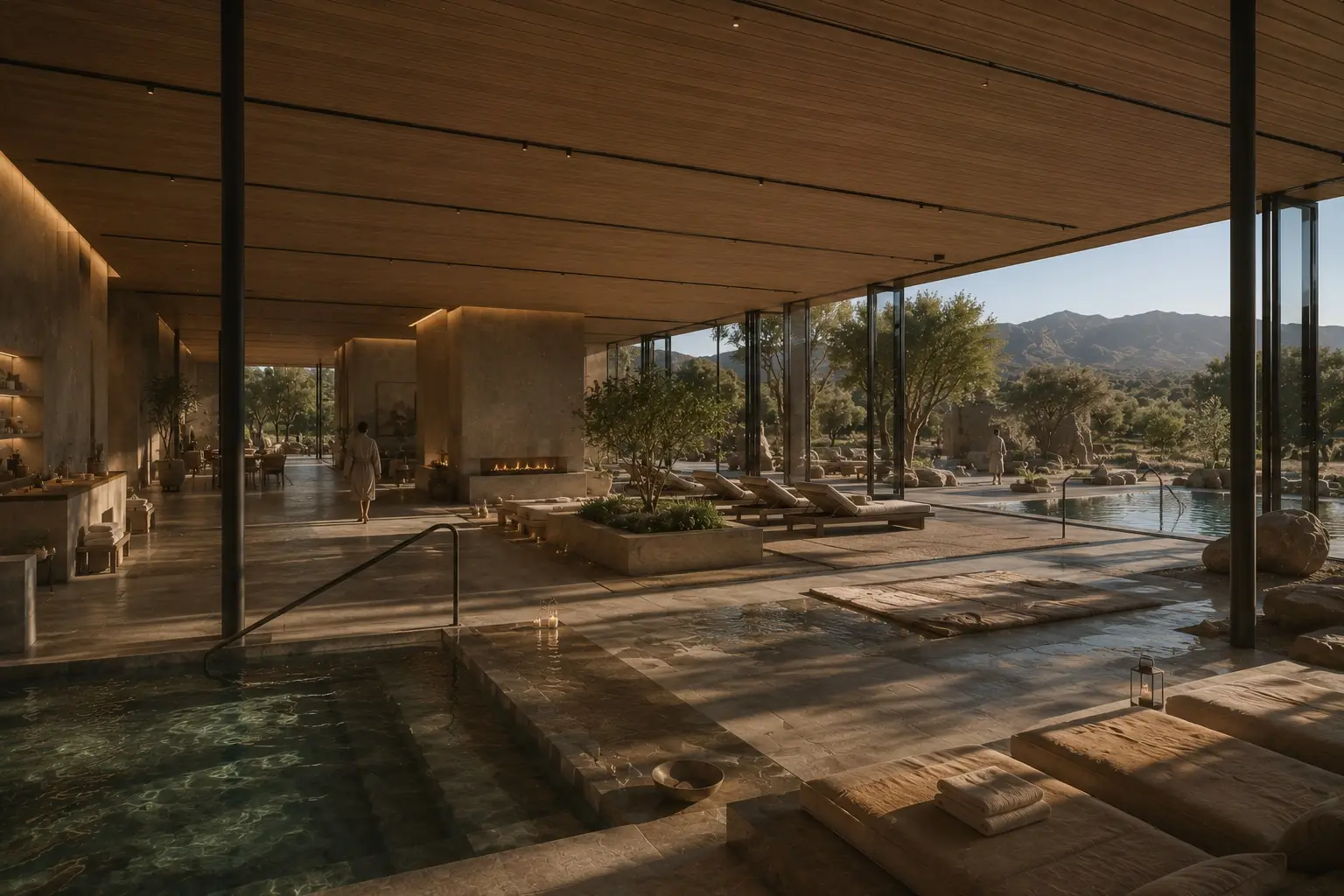 The spa: thermal pools and daybeds under a timber ceiling, open to the olive grove and the mountains