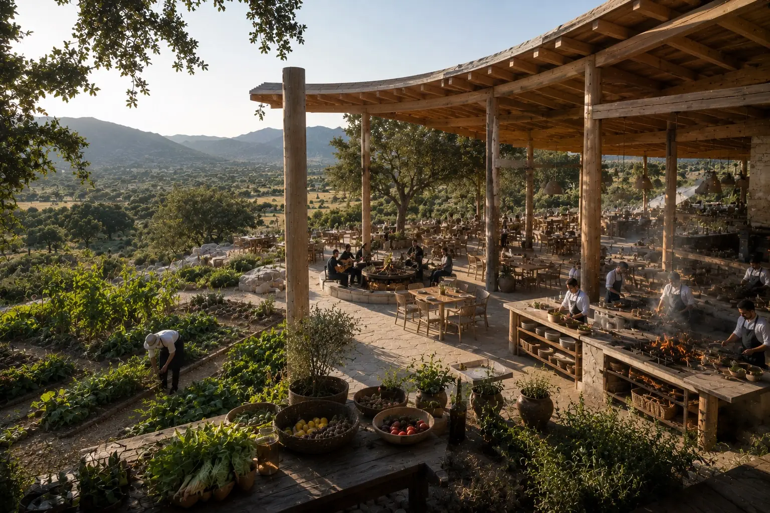 The farm restaurant from above: terraces, fire pit and music between the gardens and the valley