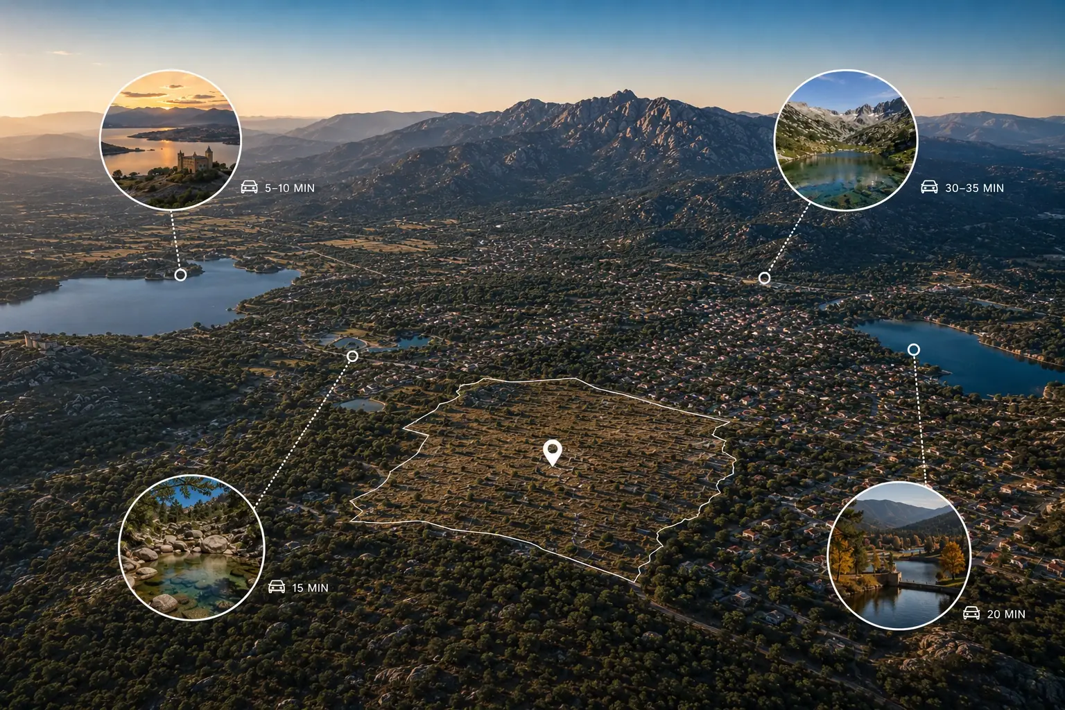 The estate outlined from the air, with the reservoirs and granite mountain pools around it each marked with its drive time