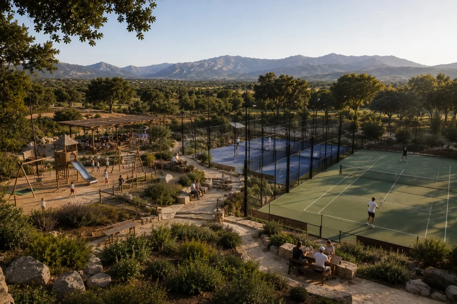 The sports club: padel and tennis courts beside the adventure playground and pergola caf&eacute;, the sierra behind