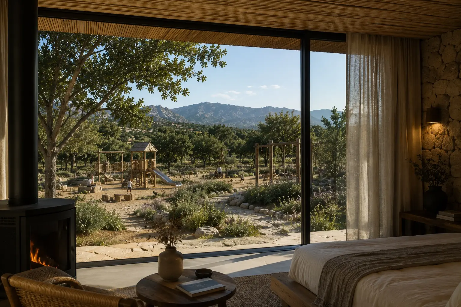 From inside a room: the open glass wall looks onto the timber playground and the mountains beyond
