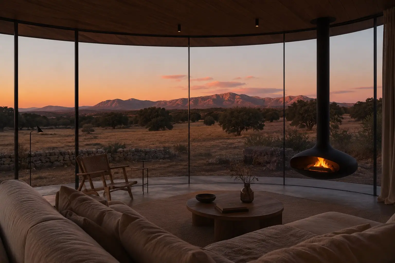 Inside one of the hotel's standalone rooms at dusk: curved glass, suspended fireplace, the sierra glowing beyond the meadow