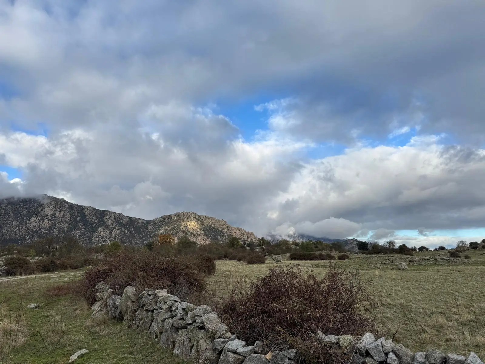 Dry-stone wall and dehesa below cloud-wrapped granite mountains