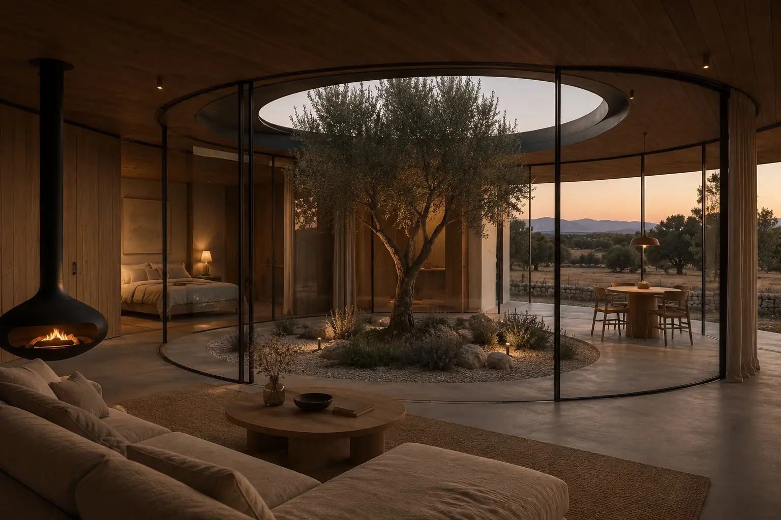Inside a suite villa at dusk: a circular glass courtyard around an olive tree, bedroom and living room in warm light, the sierra beyond