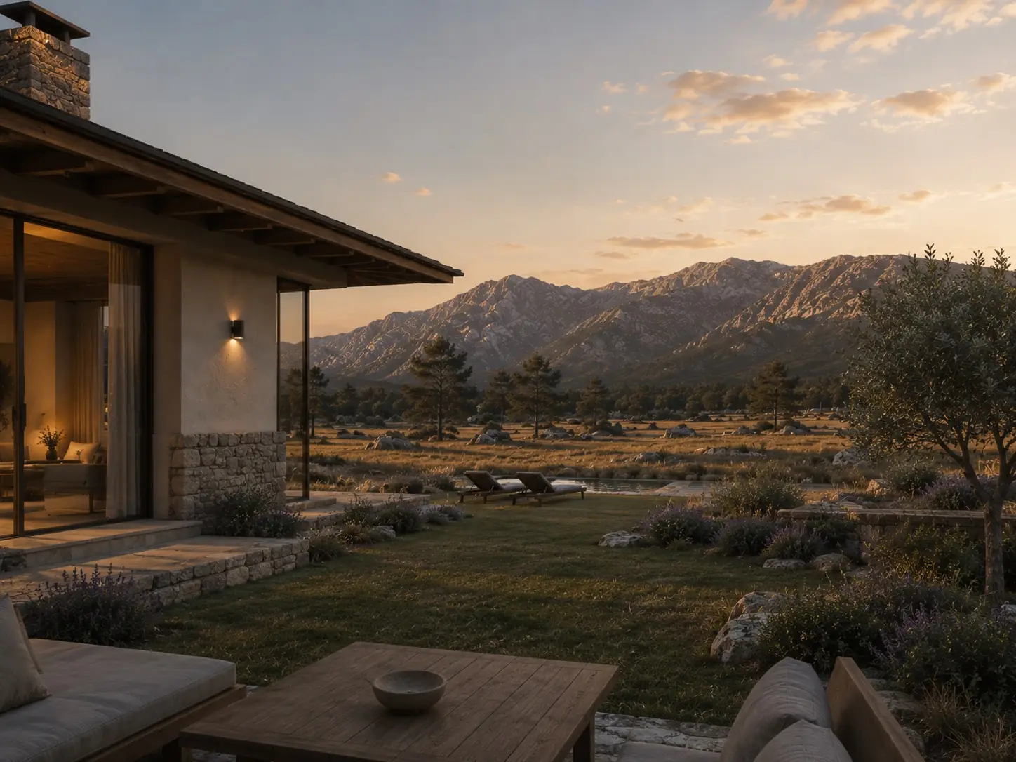 A villa terrace at dusk: stone walls, lavender garden, loungers by the pool, the sierra glowing beyond