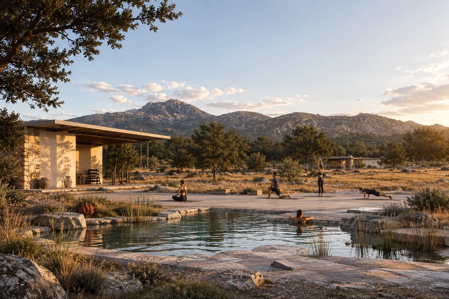 The wellness club: pavilion, gym and natural stone pool at golden hour, yoga on the deck, the granite sierra beyond